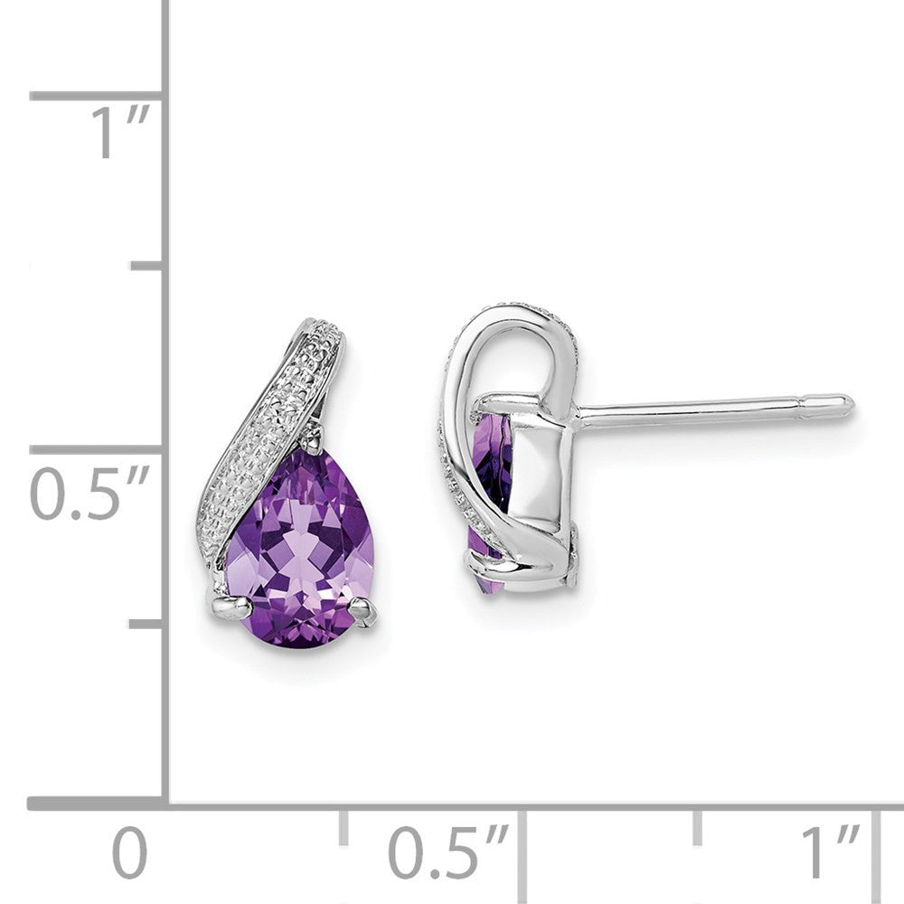 Sterling Silver Rhodium Plated Diamond and Amethyst Button Stud Earrings