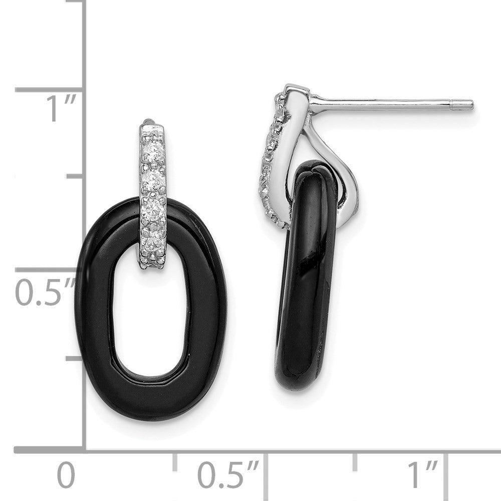 Sterling Silver Rhod-plated Polished Onyx & CZ Oval Dangle Earrings
