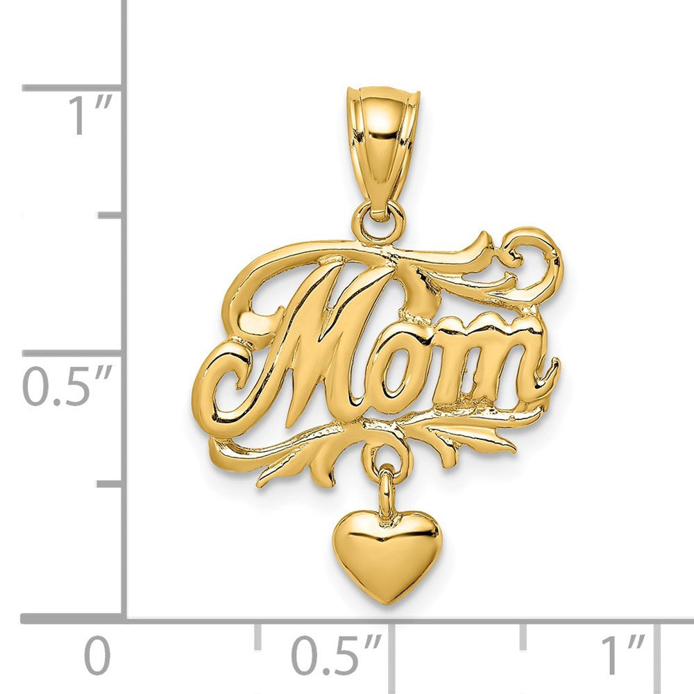 14k Yellow Gold MOM Dangling Heart Charm Pendant