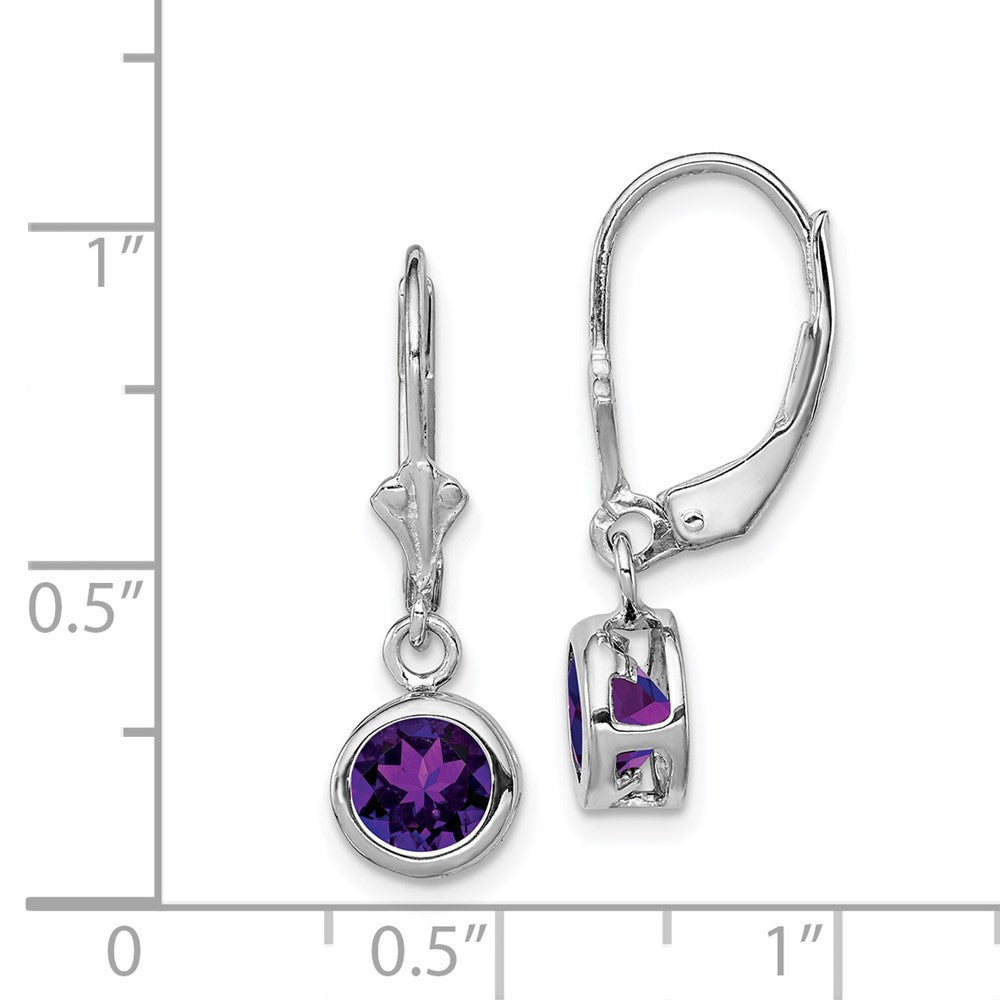 Sterling Silver Rhodium Plated 6mm Round Amethyst Leverback Dangle Earrings