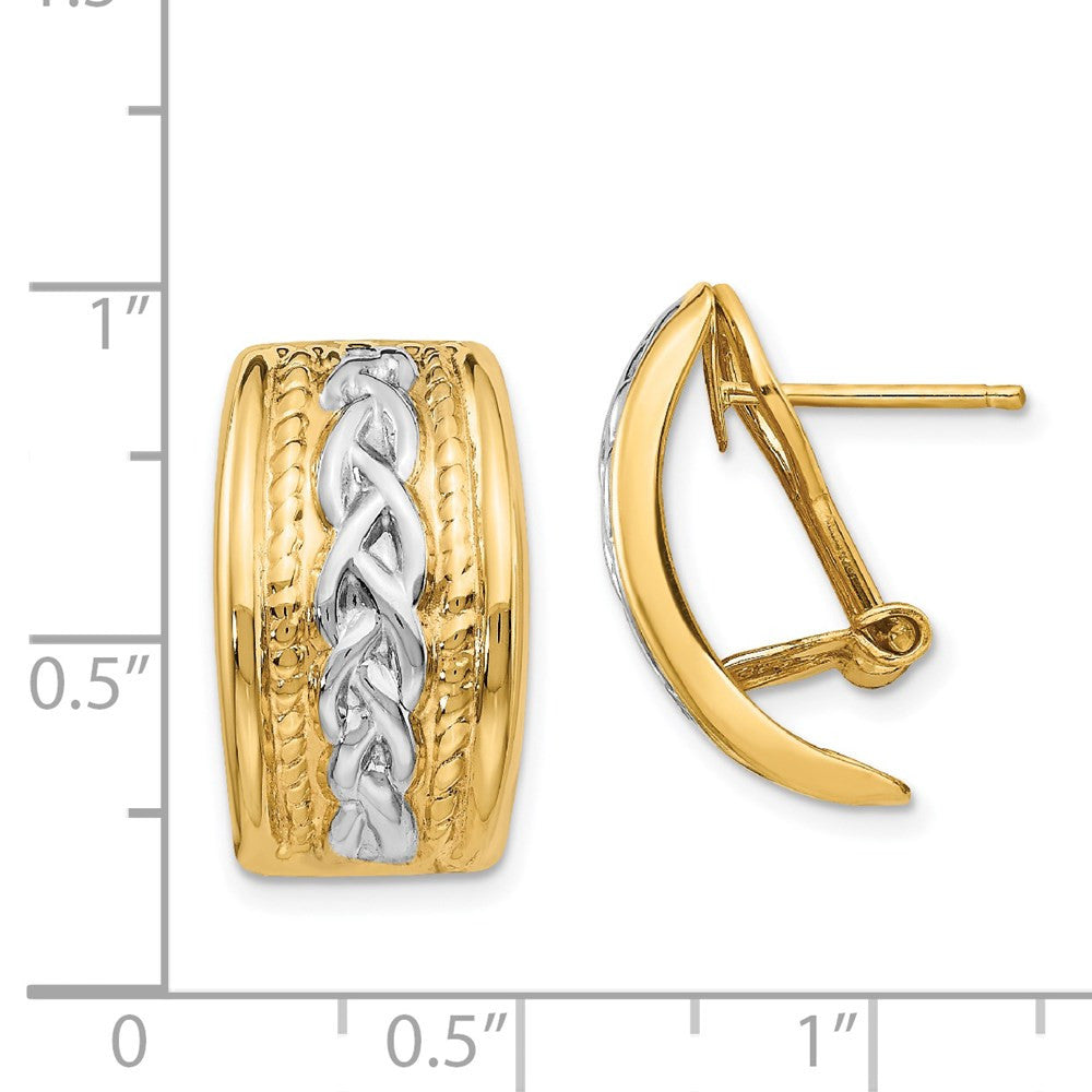 14k Yellow Gold Polished & Rhodium Omega Back Hoop Earrings