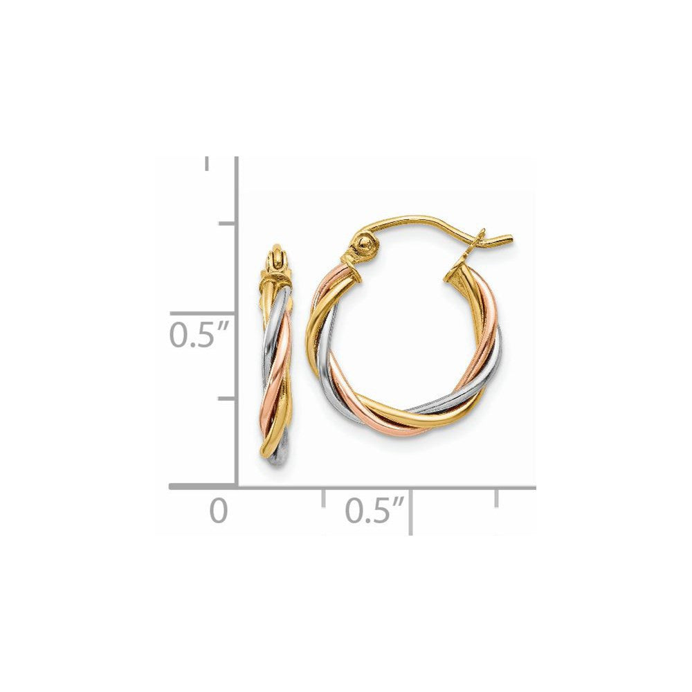 14k Tri-color Gold Polished 2.5mm Twisted Hoop Earrings