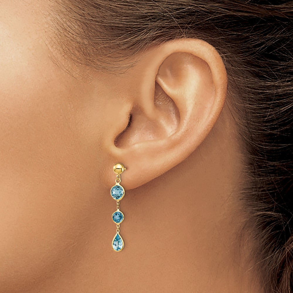 14k Yellow Gold Blue Topaz Gemstone Dangle Earrings