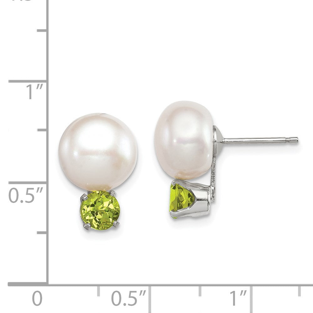 Sterling Silver Rhod-pltd 10-11mm FWC Button Pearl Peridot Button Stud Earrings
