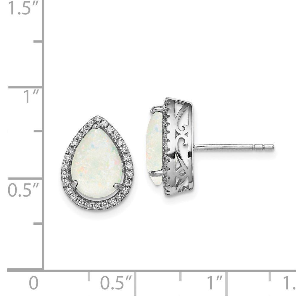 Sterling Silver Rhodium Polished Simulated Opal & CZ Button Stud Earrings