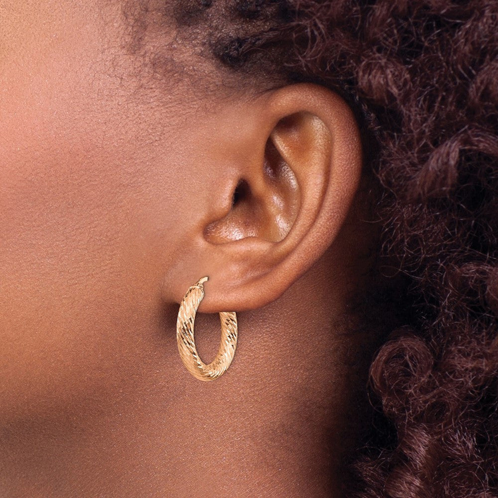 14k Rose Gold Polished Diamond-cut Round Hoop Earrings