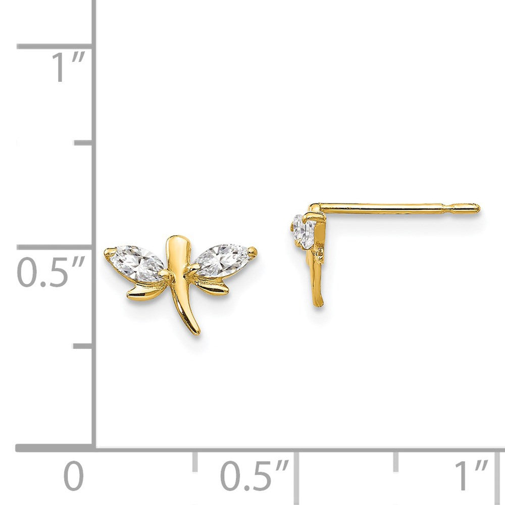 14k Yellow Gold CZ Children's Dragonfly Button Stud Earrings