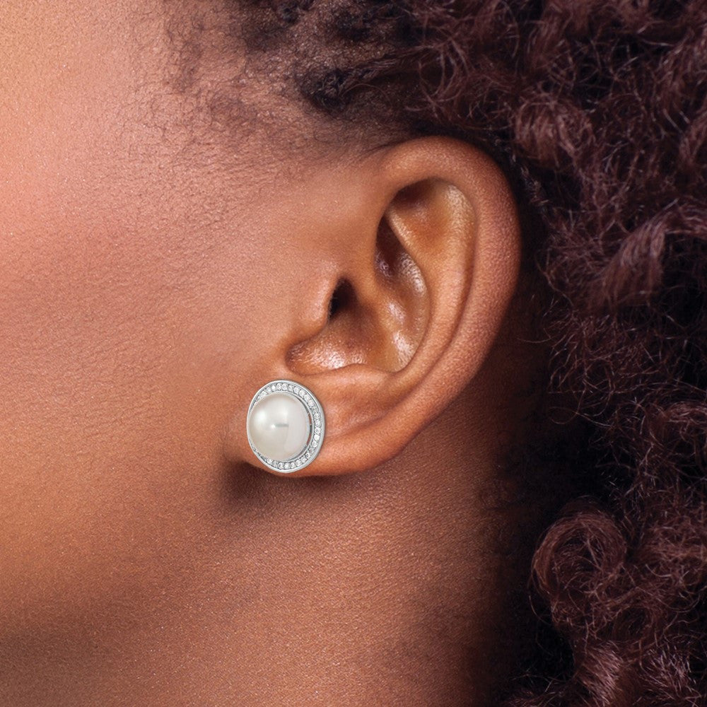 Sterling Silver Rhodium-plated Button Freshwater Cultured Pearl CZ Stud Earrings