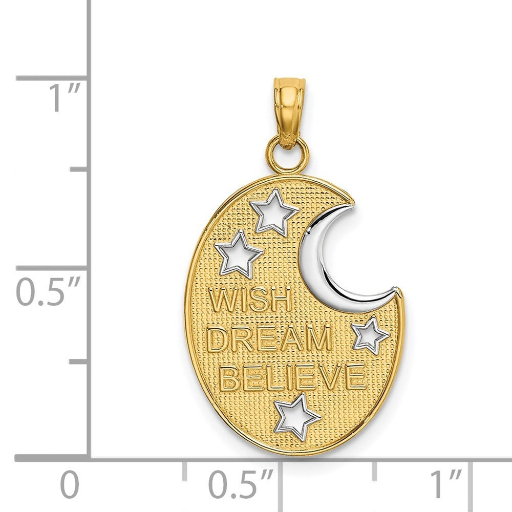 14k Yellow Gold Rhodium WISH DREAM BELIEVE Moon and Stars Charm Pendant