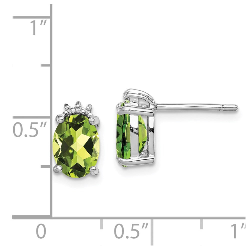 Sterling Silver Rhodium Plated Oval Peridot and Diamond Stud Earrings