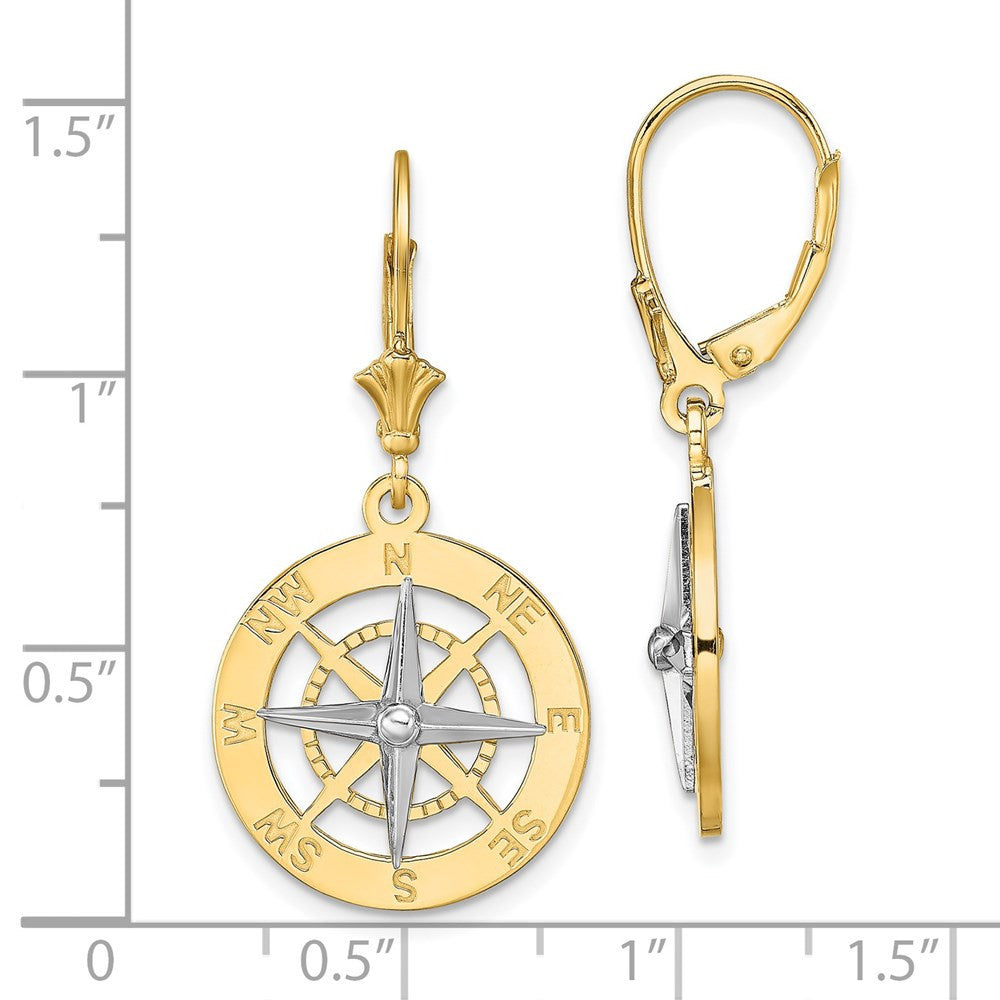 14k Two-tone Gold W/ Rhodium Nautical Compass Leverback Drop & Dangle Earrings