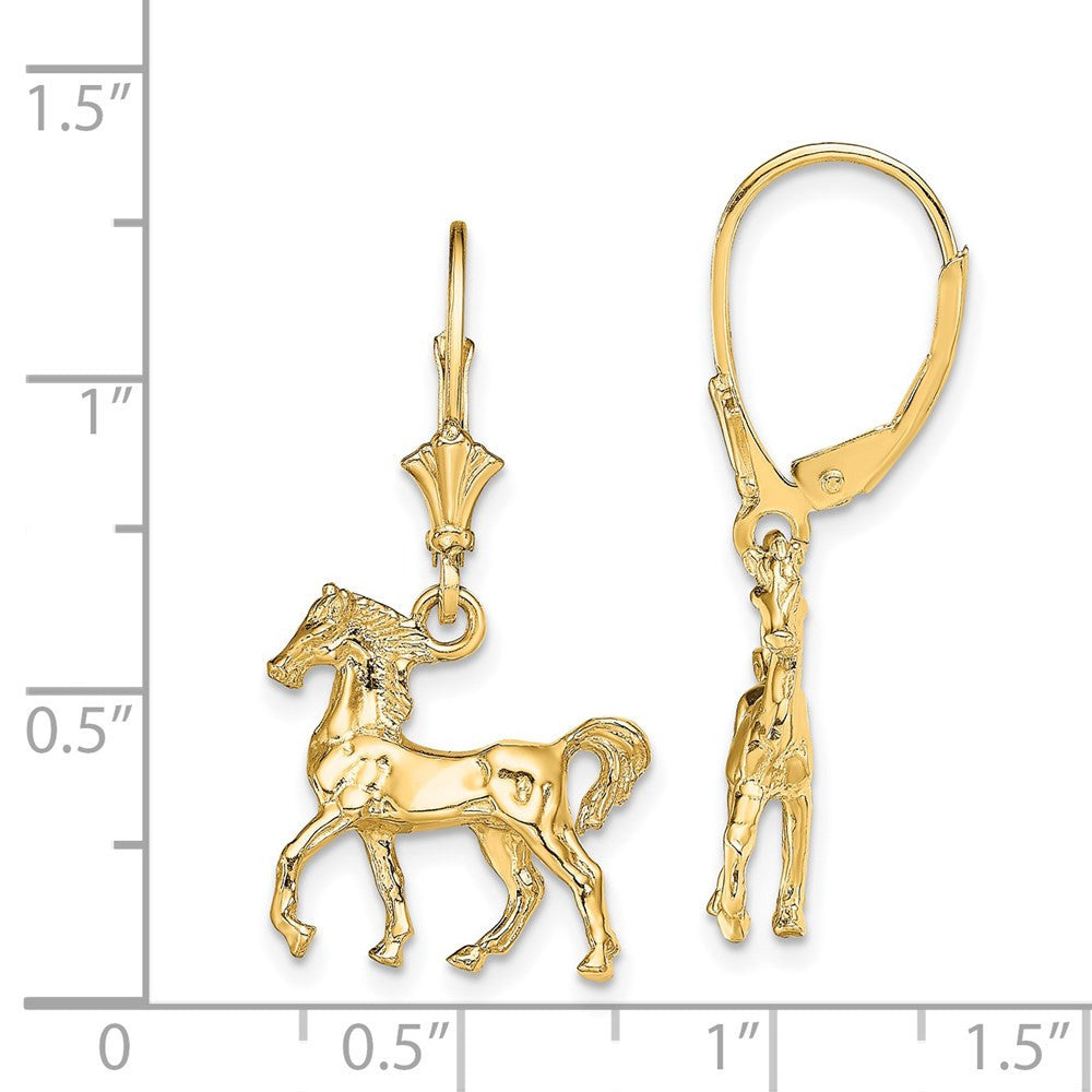 14k Yellow Gold 3-D Polished Leverback Horse Drop & Dangle Earrings