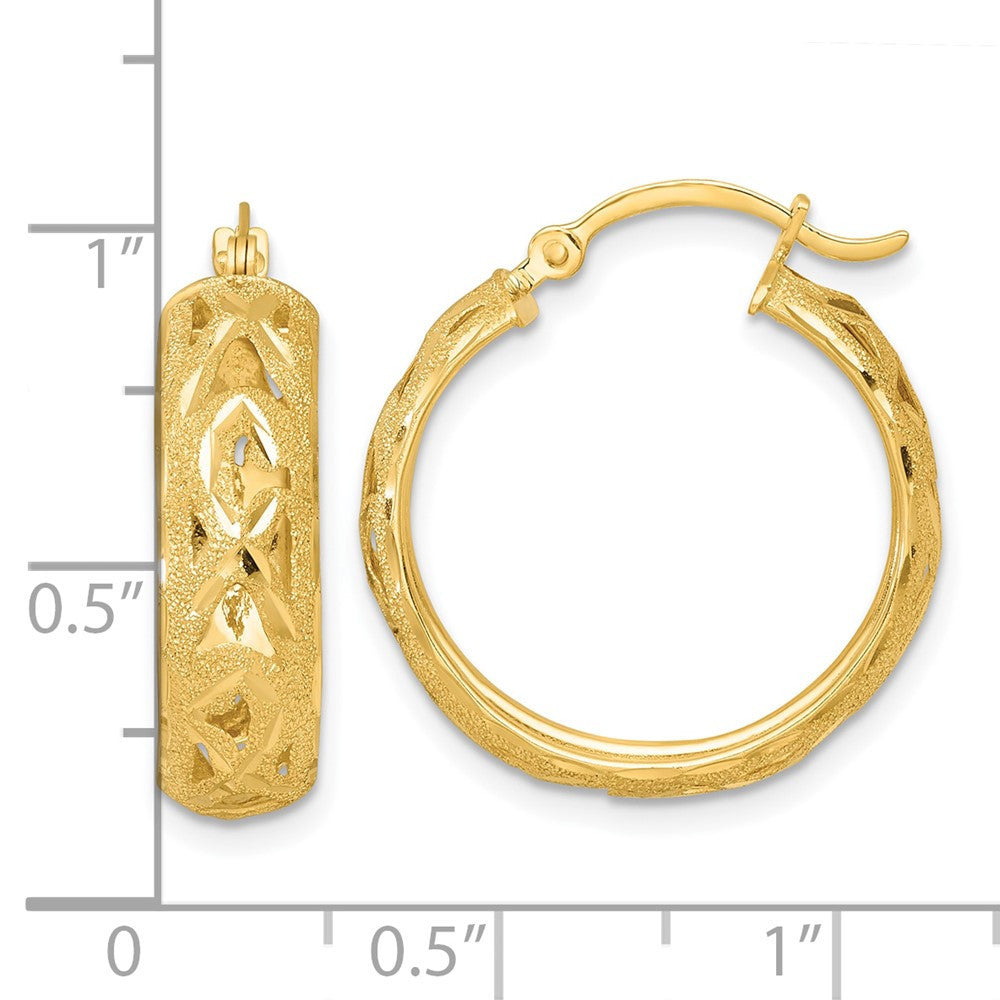14k Yellow Gold Polished Laser and Diamond-cut Fancy Design Hoop Earrings