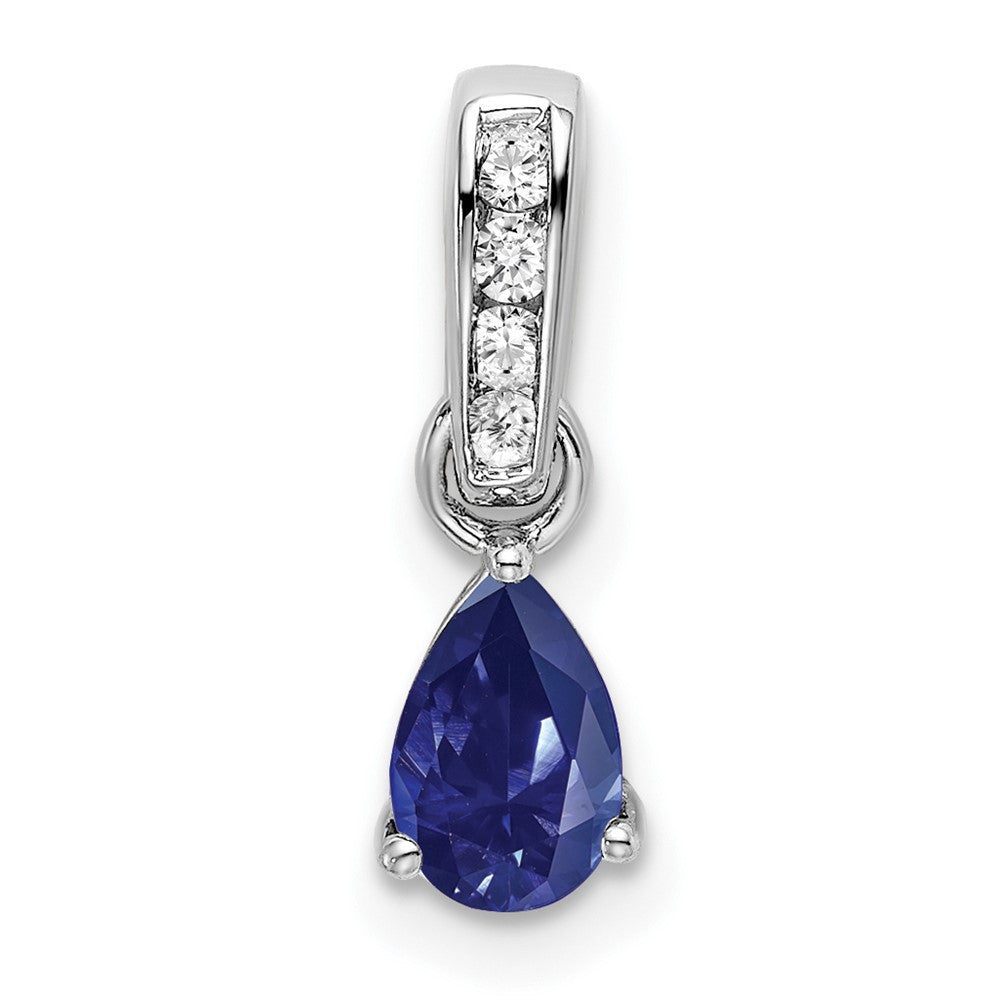 14k White Gold Pear Created Sapphire and Diamond Pendant