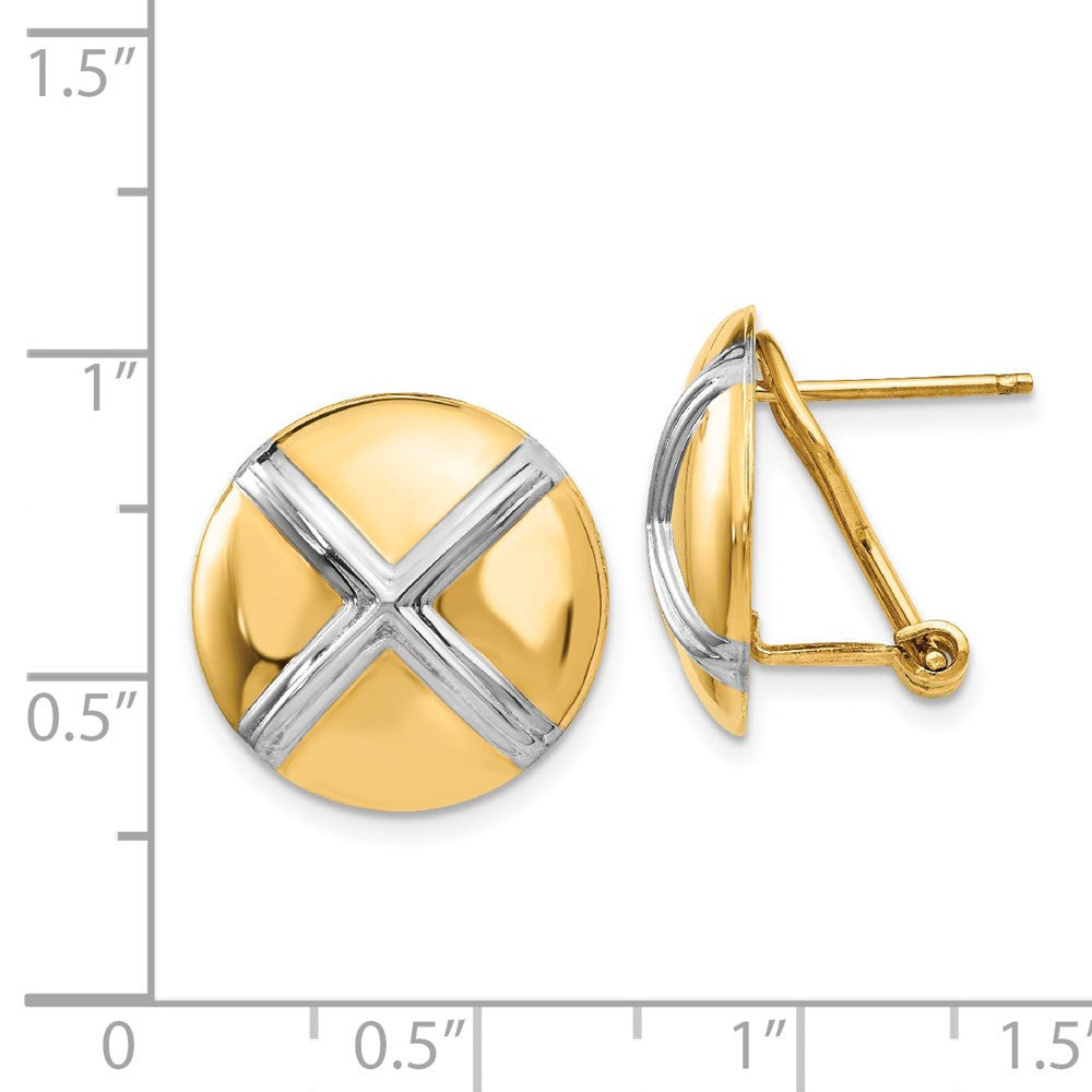 14k Yellow Gold Polished & Rhodium X Omega Back Stud Earrings