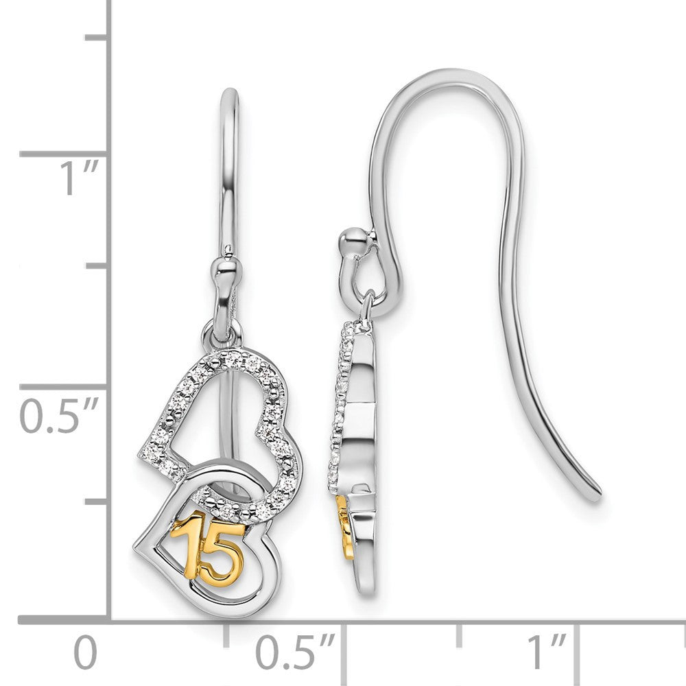 14K Two-Tone Gold Polished Diamond Quinceanera Double Heart Dangle Earrings