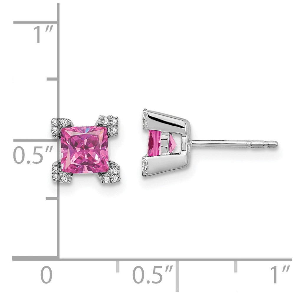 14k White Gold Square Created Pink Sapphire and Diamond Stud Earrings
