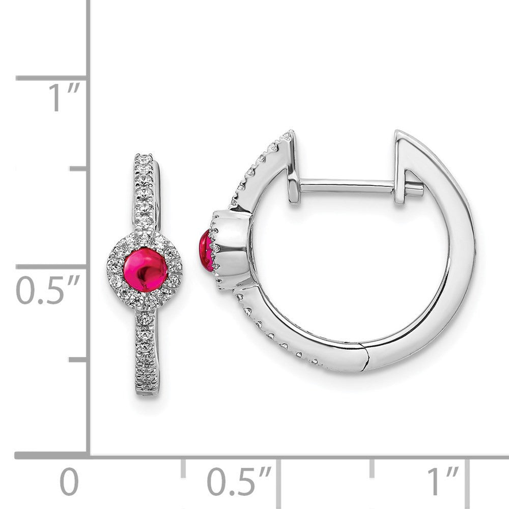 14k White Gold Diamond and Cabochon Ruby Hoop Earrings