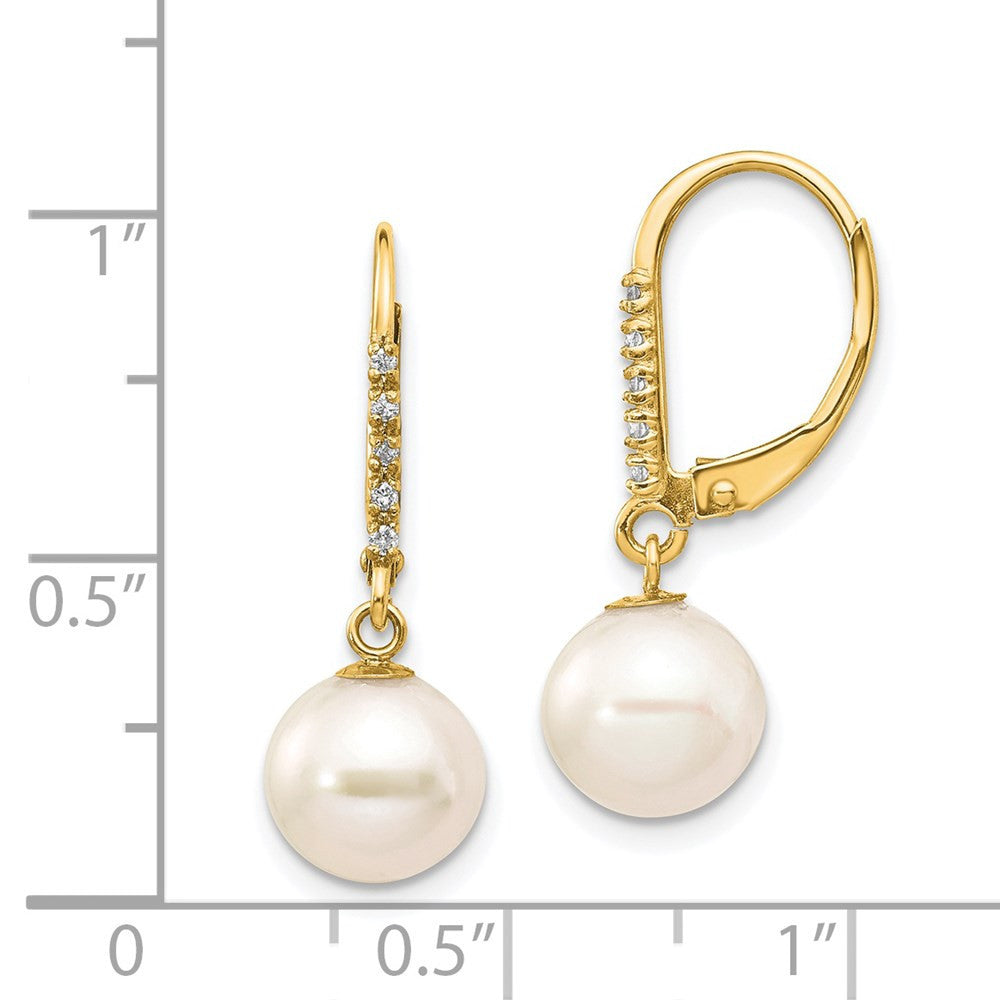 14k Yellow Gold 8-9mm Cultured Pearl and Diamond Dangle Earrings