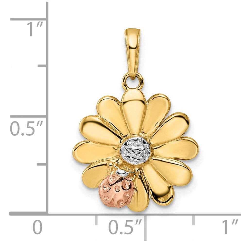 14k Yellow Gold White and Rose Rhodium Diamond-cut Ladybug on Flower Pendant