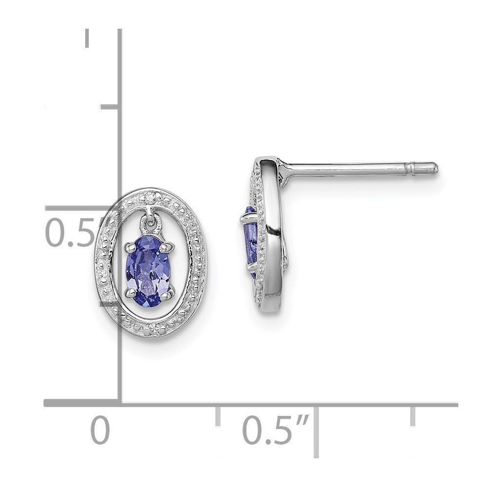 Sterling Silver Rhodium Plated Diamond & Tanzanite Oval Button Stud Earrings