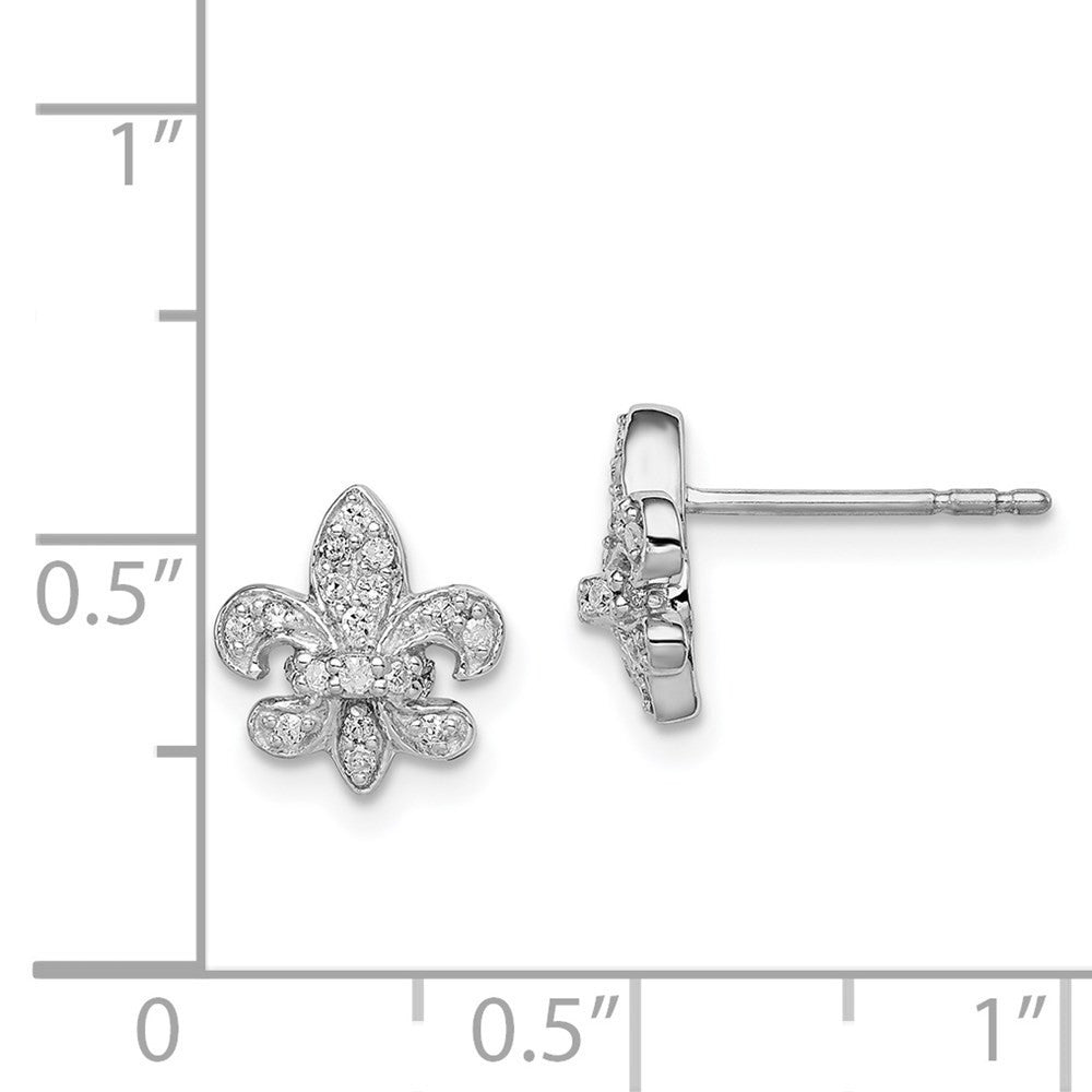 Sterling Silver Rhodium 0.16ct Diam. Fleur de Lis Button Stud Earrings