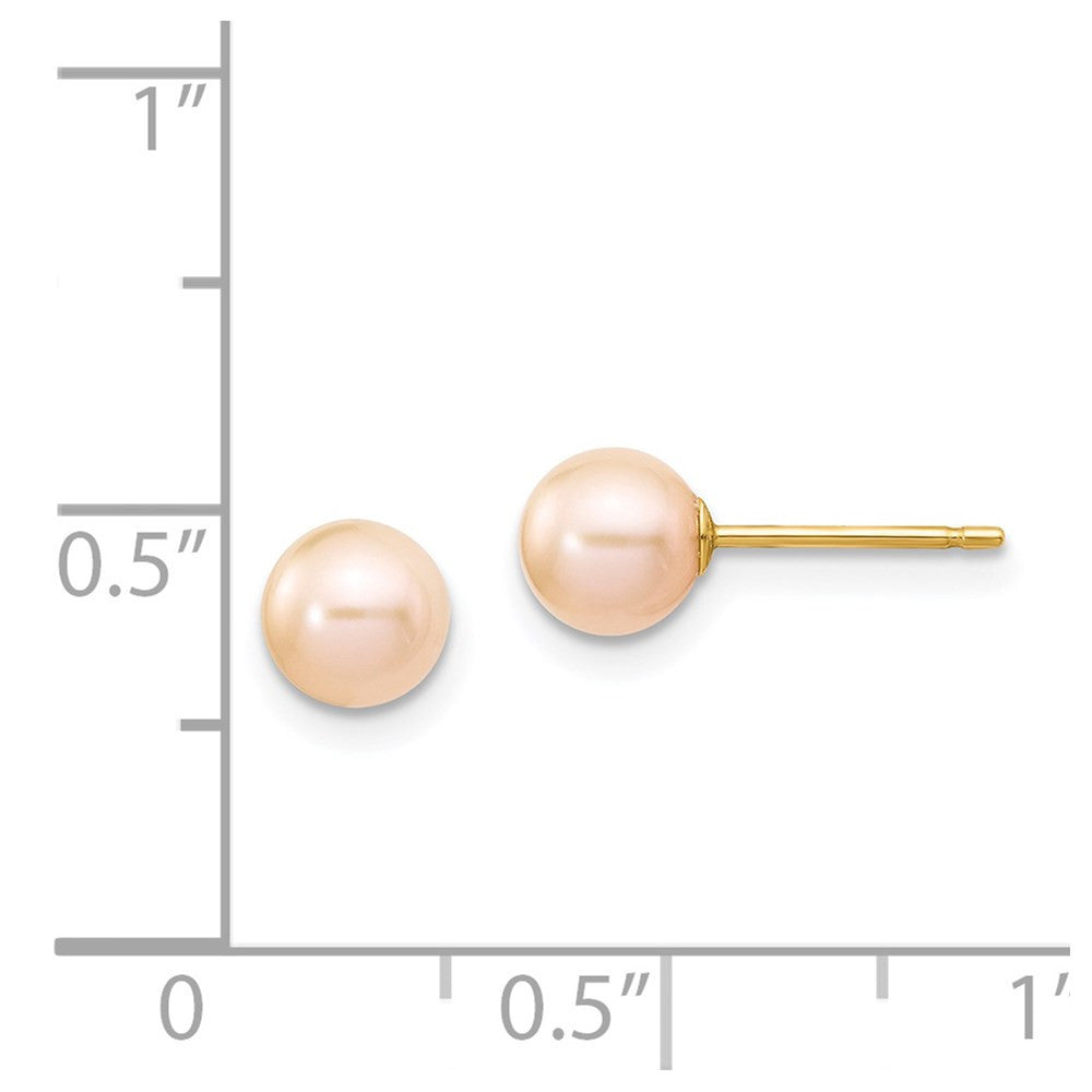 14k Yellow Gold 5-6mm Pink Round Freshwater Cultured Pearl Stud Earrings