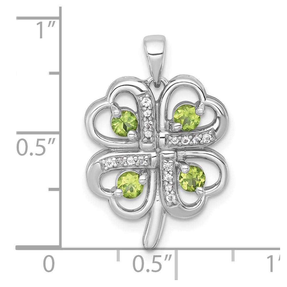 Sterling Silver Rhodium Polished Peridot and White Topaz 4-Leaf Clover Pendant