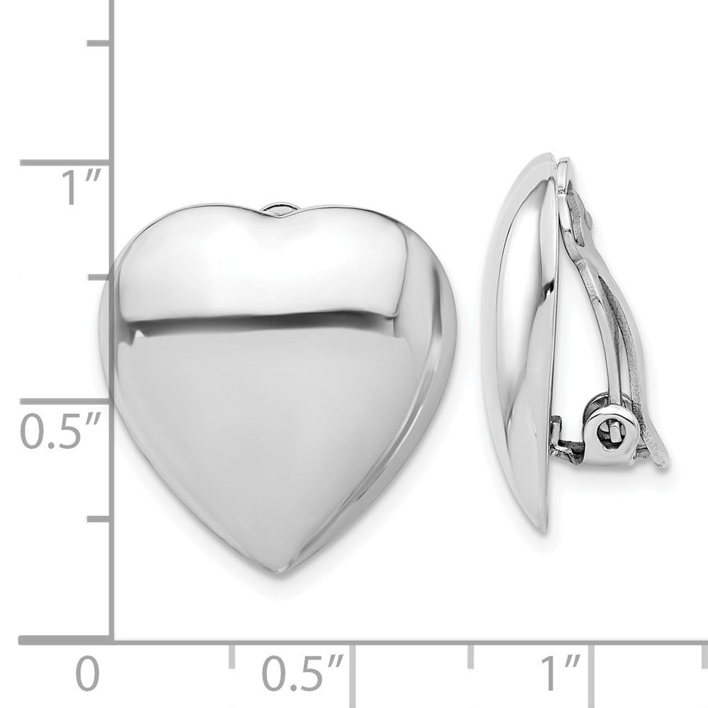 Sterling Silver Rhod-plated Polished Heart Clip Non-Pierced Button Stud Earrings