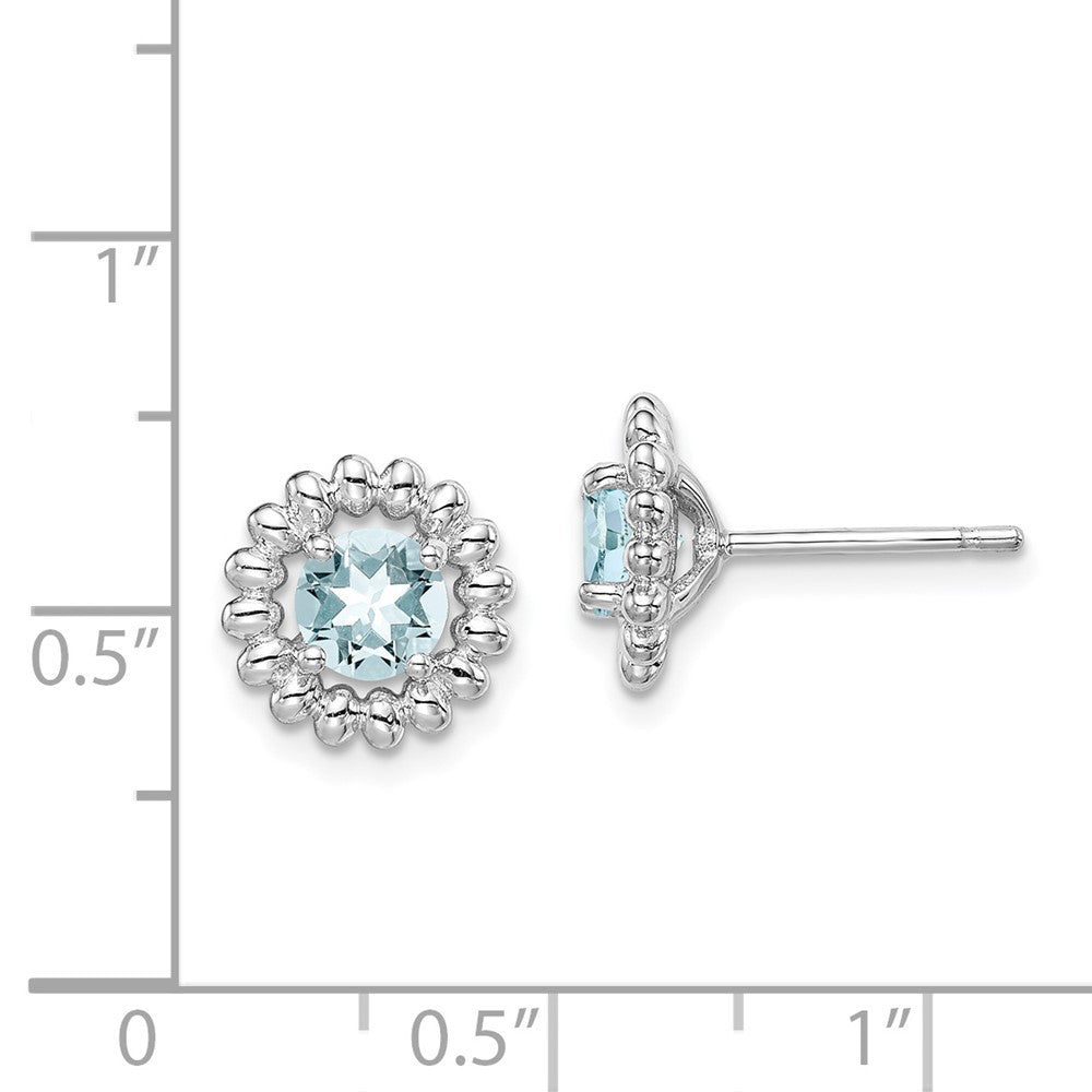 Sterling Silver Rhod-plat Aquamarine Button Stud Earrings