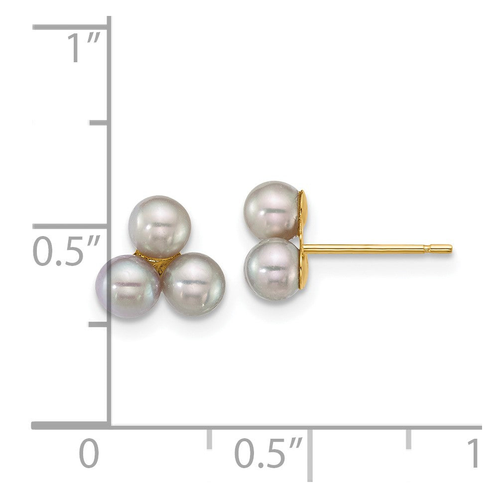 14k Yellow Gold 3-4mm Button Grey Freshwater Cultured 3-Pearl Stud Earrings