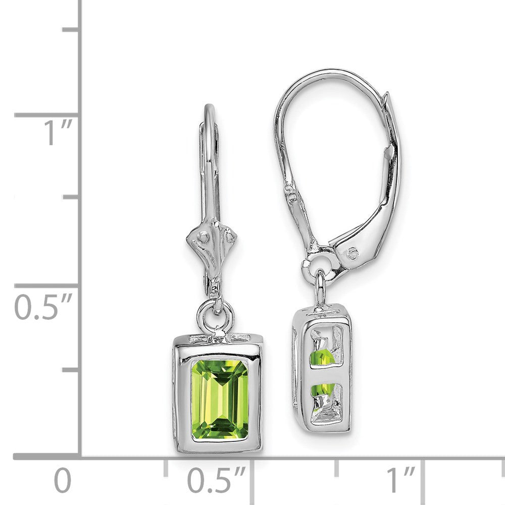 Sterling Silver Rhodium Plated 7x5 Emerald Cut Peridot Leverback Dangle Earrings