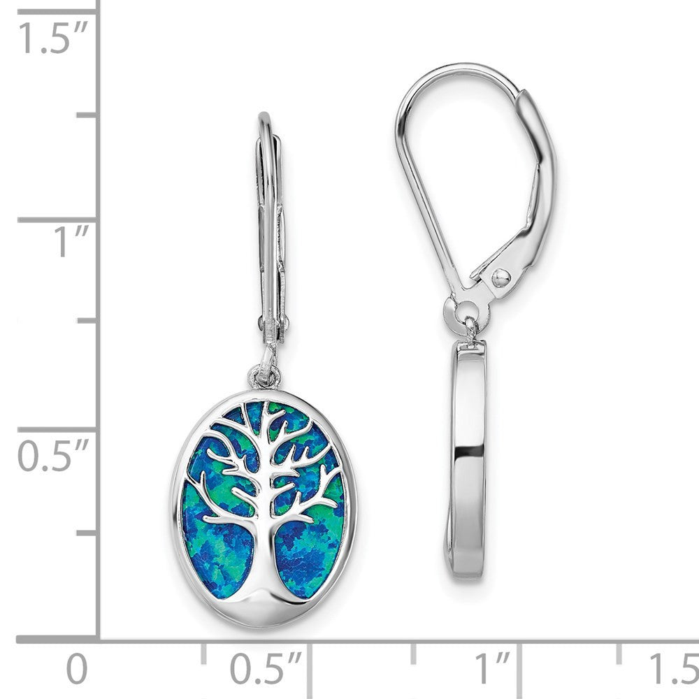 Sterling Silver Rhod-plated Creat Opal Tree of Life Leverback Dangle Earrings