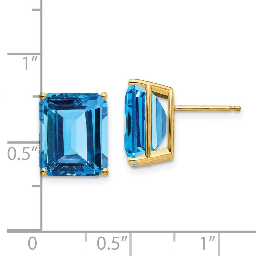 14k Yellow Gold 12x10mm Emerald Cut Blue Topaz Stud Earrings