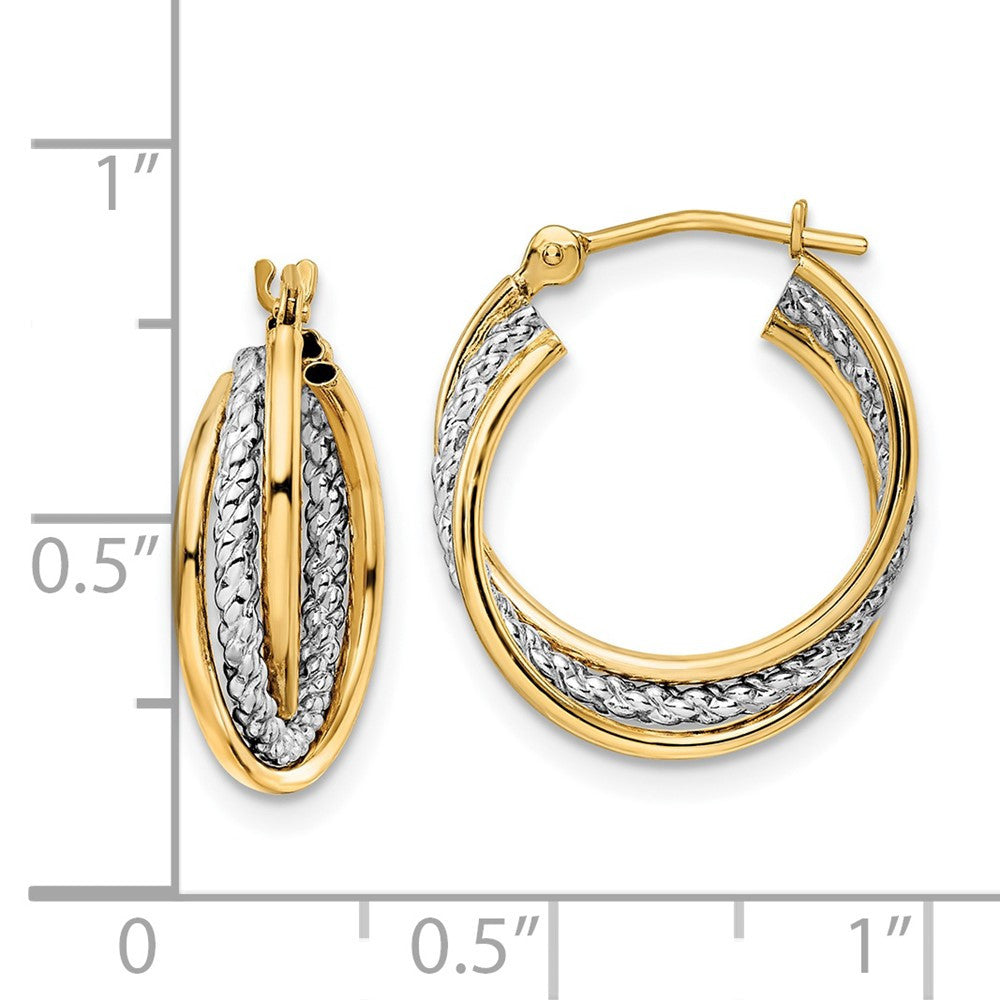 14k Yellow Gold w/ White Rhodium Polished Textured Hoops
