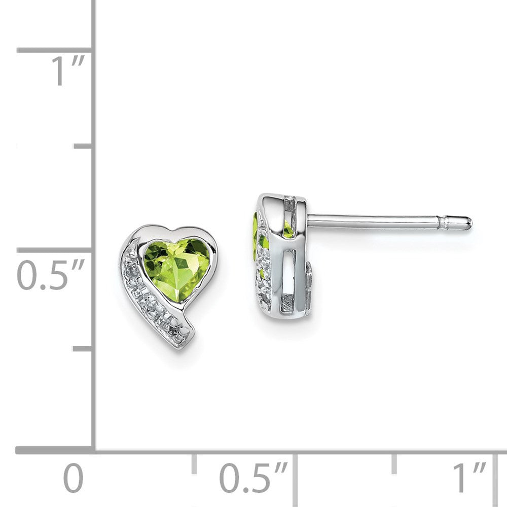 Sterling Silver Rhodium-plated Peridot and Diamond Heart Button Stud Earrings