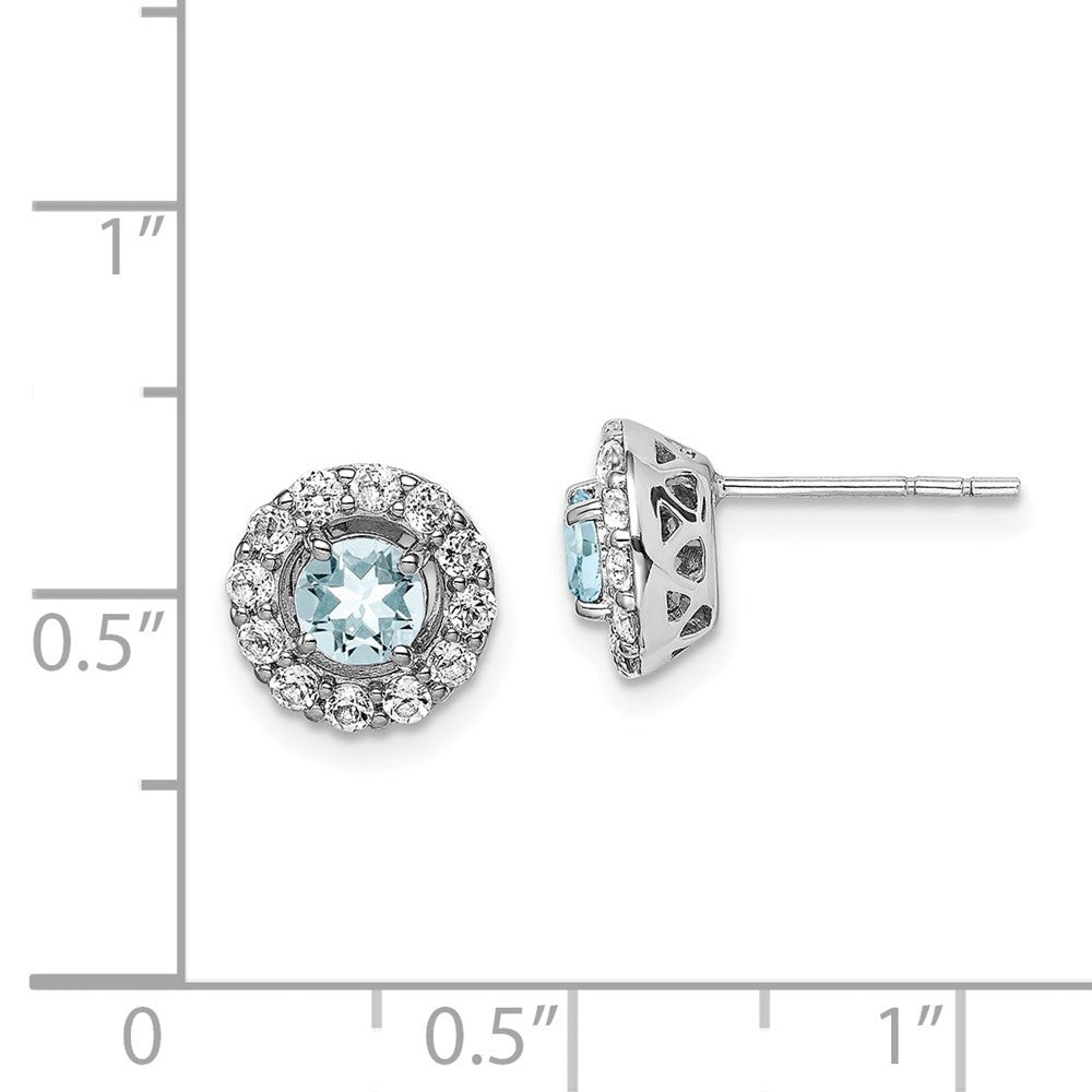 Sterling Silver Rhodium Plated White Topaz & Aquamarine Button Stud Earrings