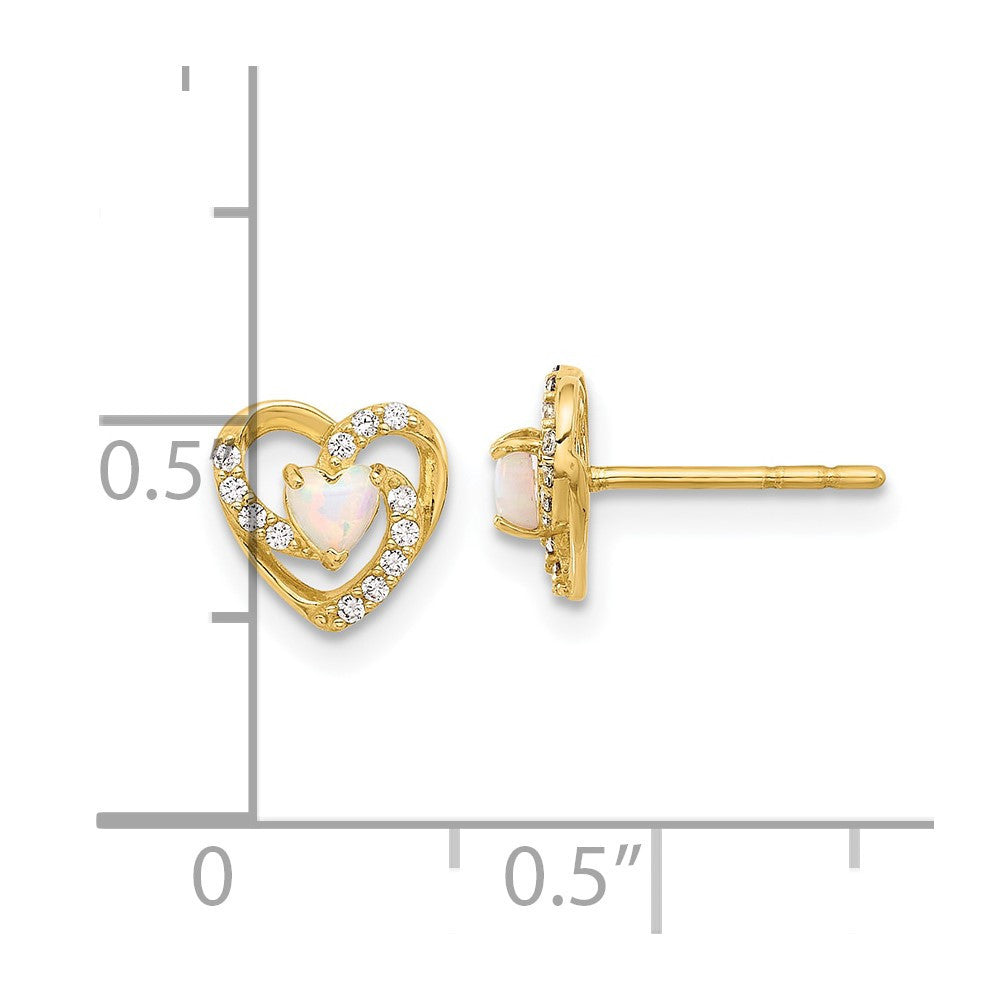 14k Yellow Gold CZ and Created Opal Heart Button Stud Earrings