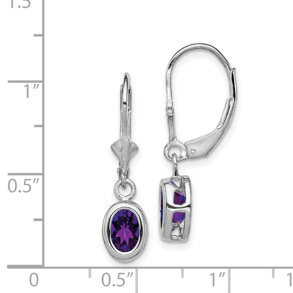 Sterling Silver Rhodium Plated 7x5mm Oval Amethyst Leverback Dangle Earrings