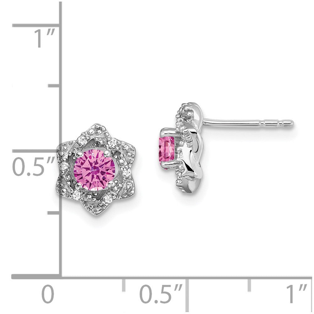14k White Gold Created Pink Sapphire and Diamond Button Stud Earrings