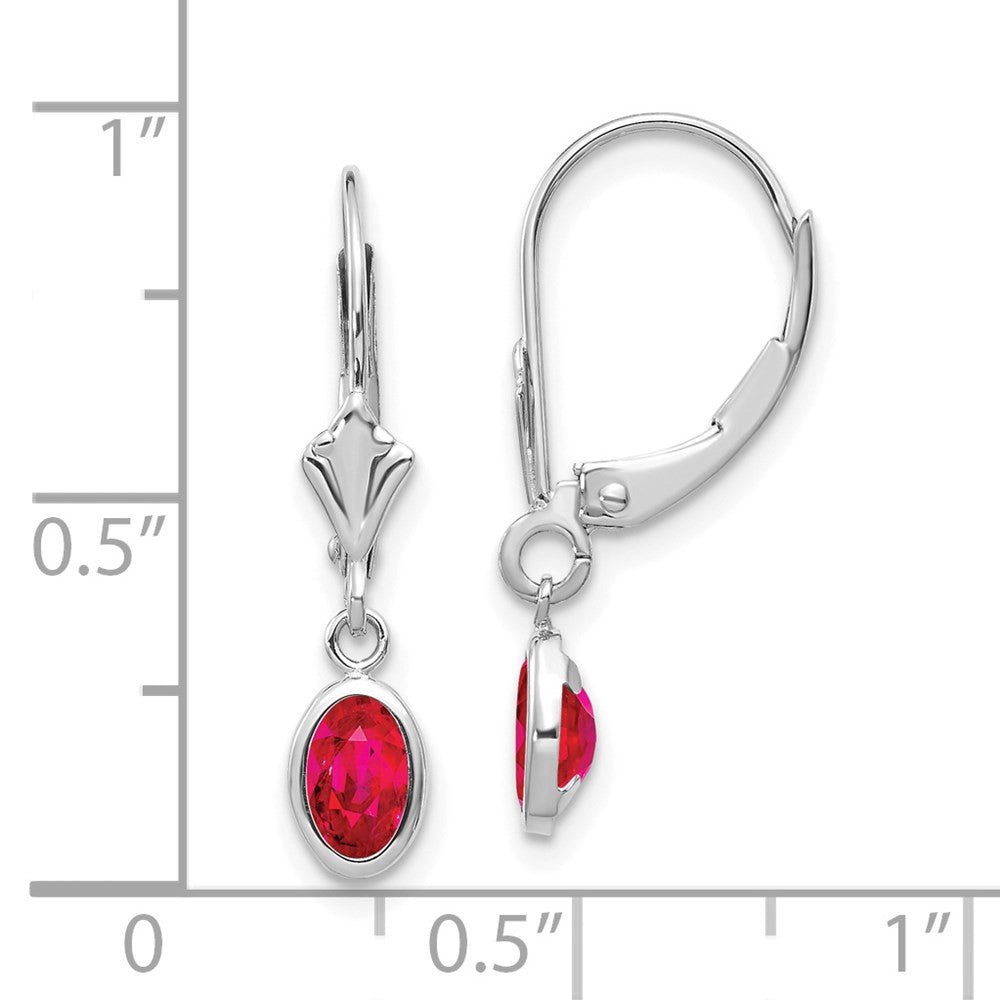14k White Gold 6x4 Oval Bezel July/Ruby Leverback Dangle Earrings