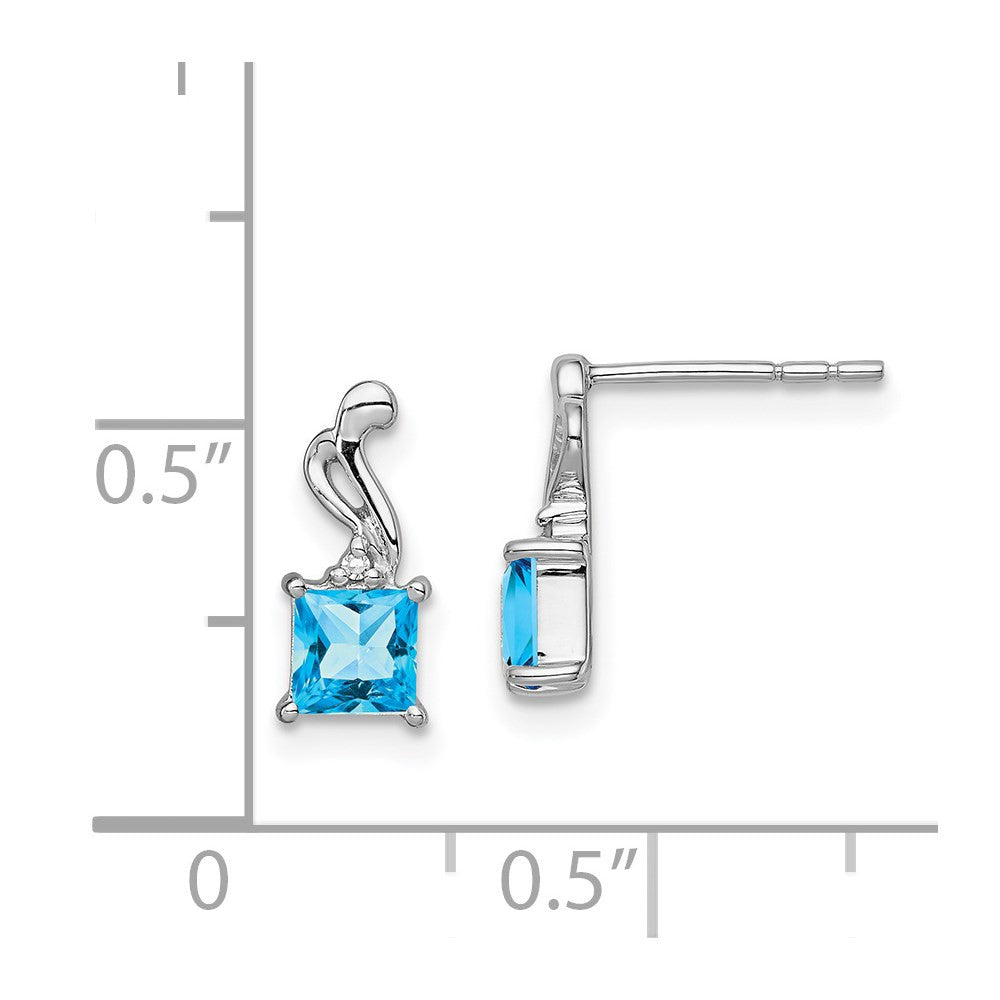 Sterling Silver Rhodium Plated Diamond and Blue Topaz Square Dangle Earrings