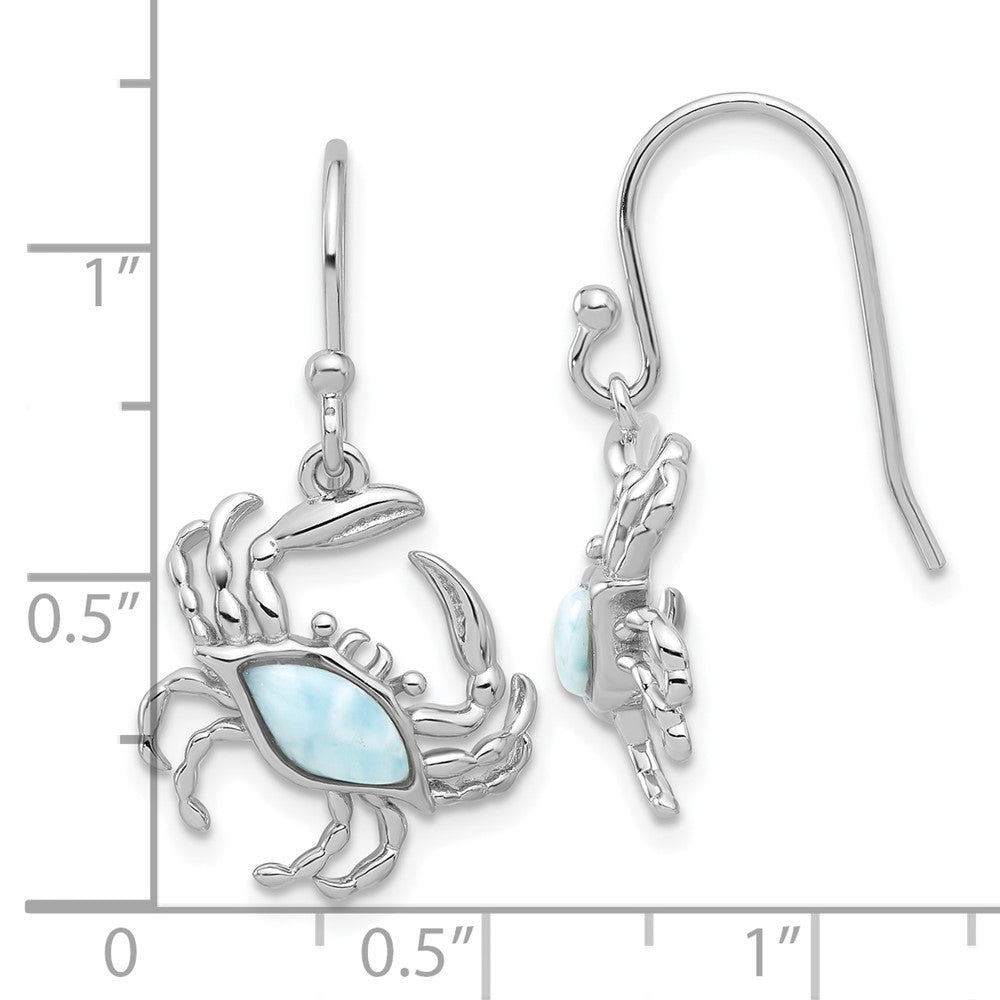 Sterling Silver Rhodium Polished Larimar Crab Shepherd Hook Dangle Earrings