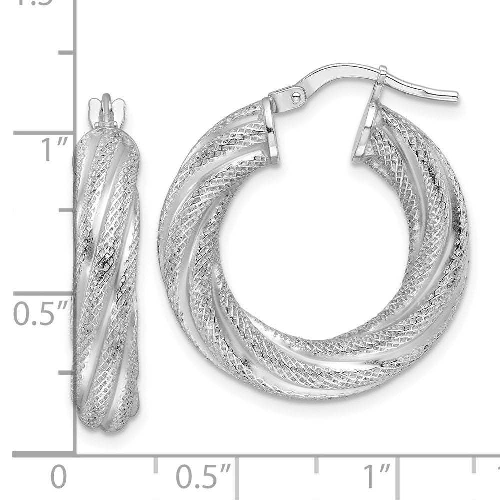 Sterling Silver Rhod-plated 5mm Textured Twisted Hoop Earrings