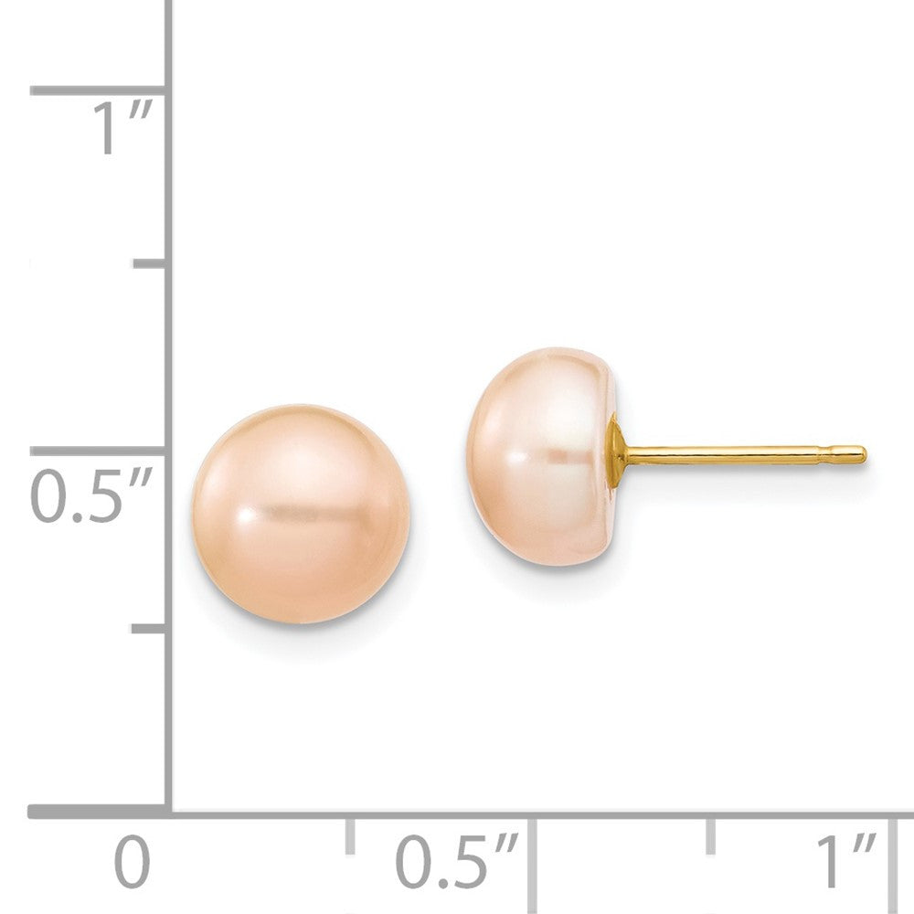 14k Yellow Gold 7-8mm Pink Button Freshwater Cultured Pearl Stud Earrings