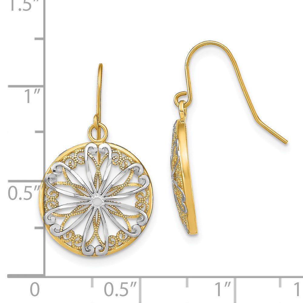 14k Yellow Gold w/Rhodium Filigree Medallion Dangle Earrings