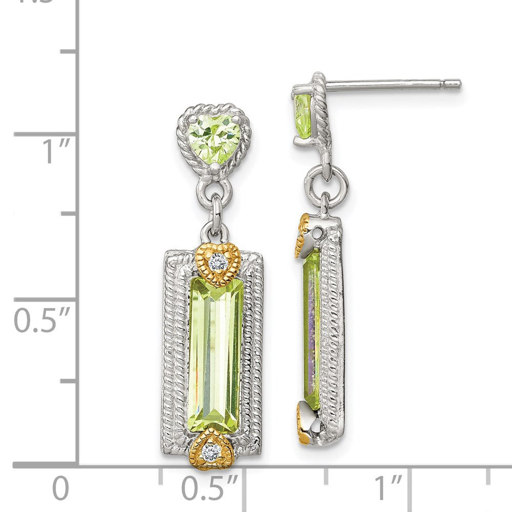 Sterling Silver Gold-tone Polished & Textured Green CZ Heart Dangle Earrings