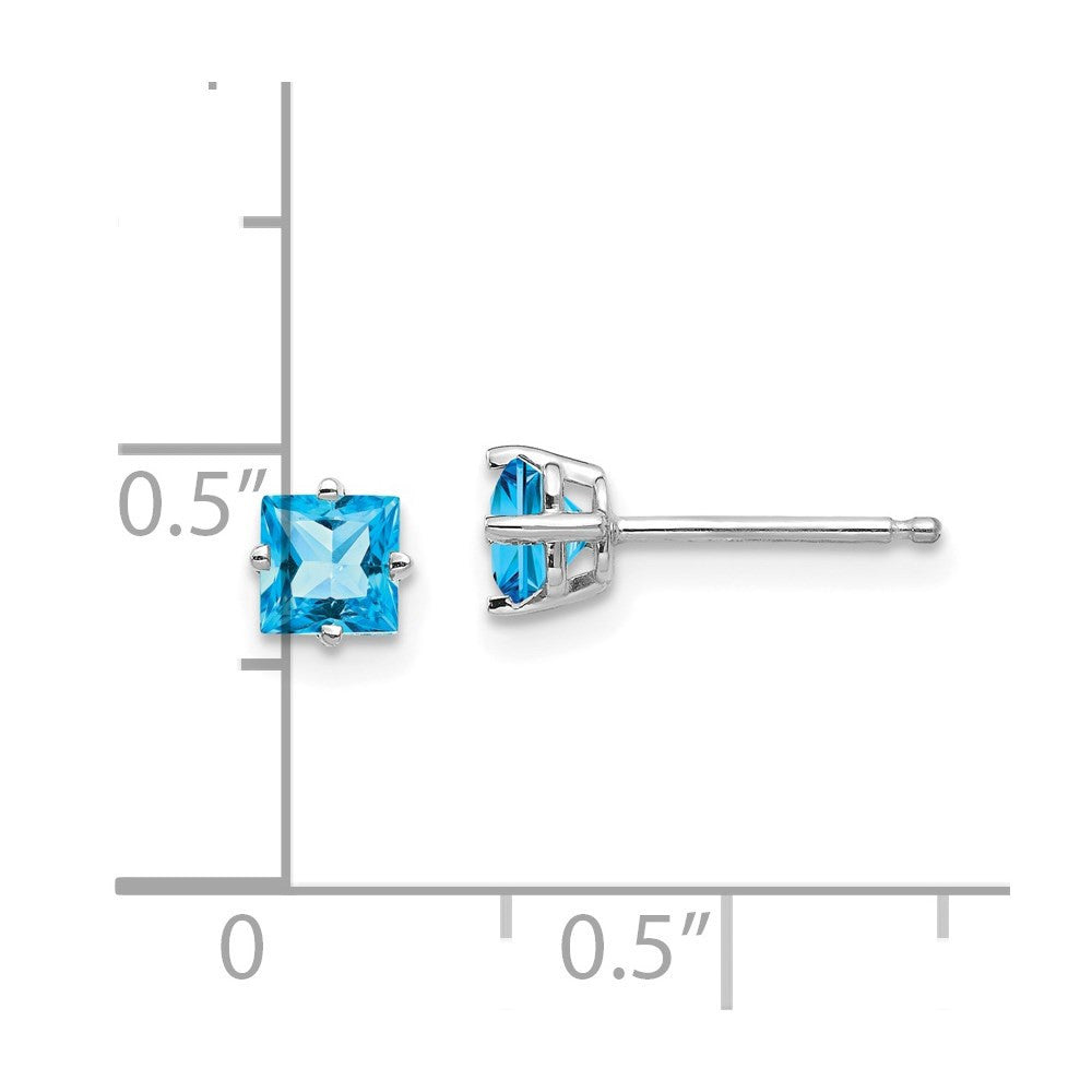 14k White Gold 4mm Princess Cut Blue Topaz Stud Earrings