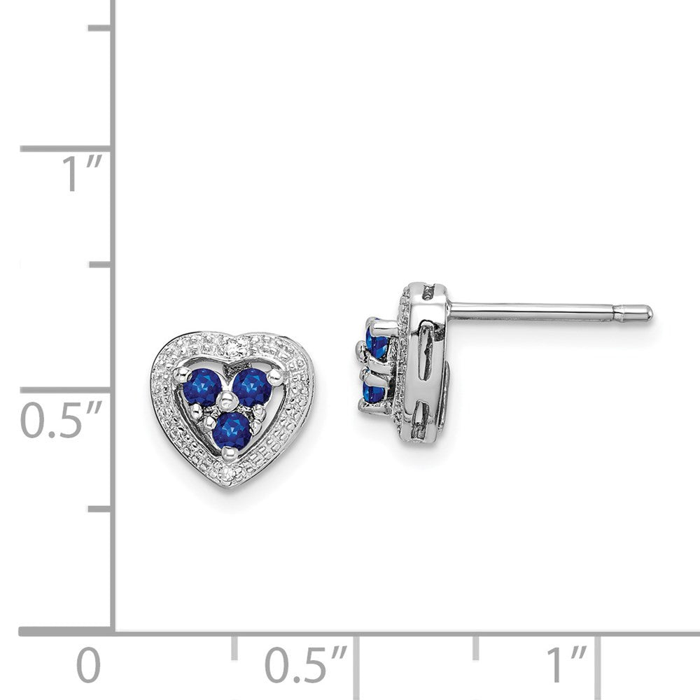 Sterling Silver Rhodium Plated Diamond & Sapphire Heart Button Stud Earrings