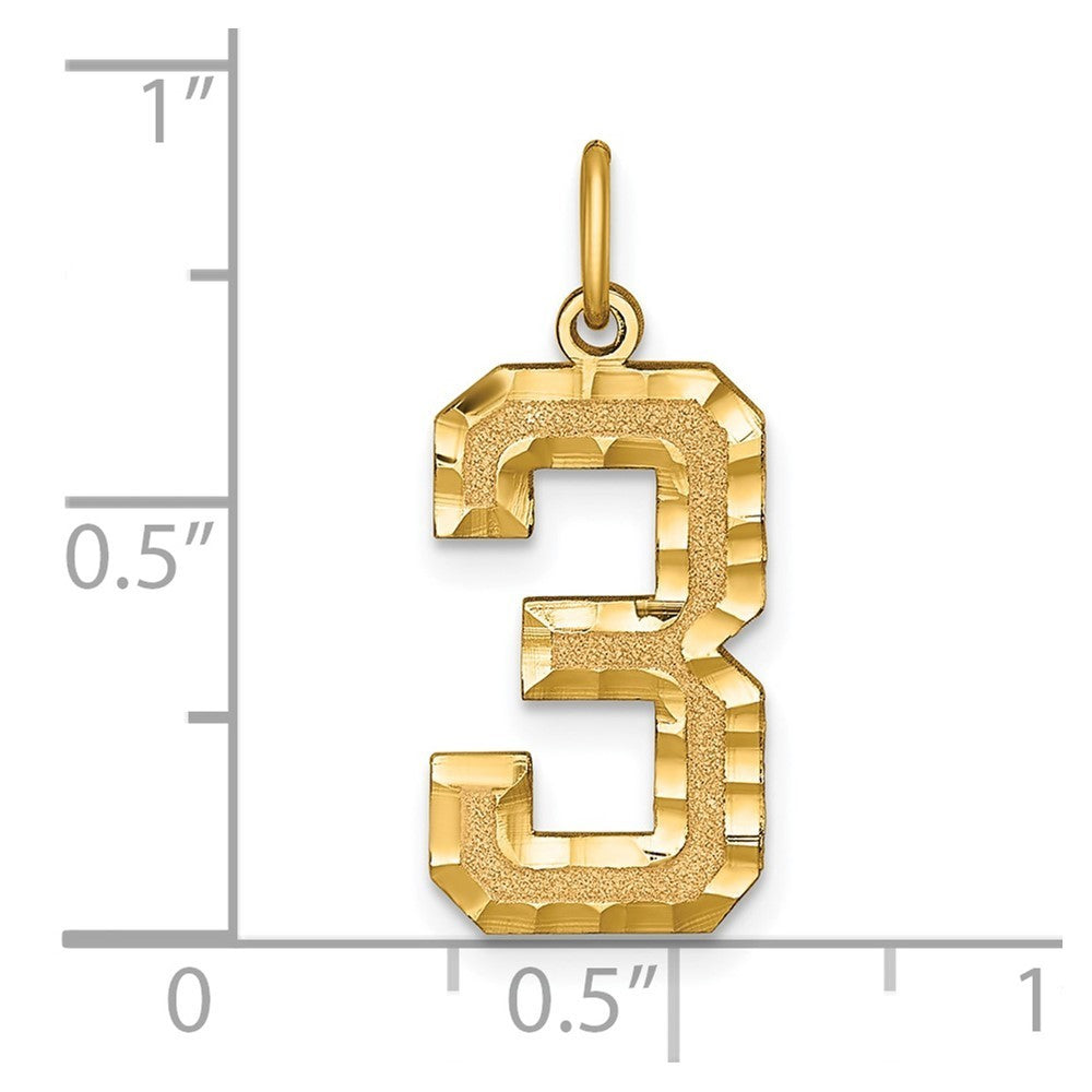 14k Yellow Gold Large Brushed Diamond-cut Number 3 Charm Pendant